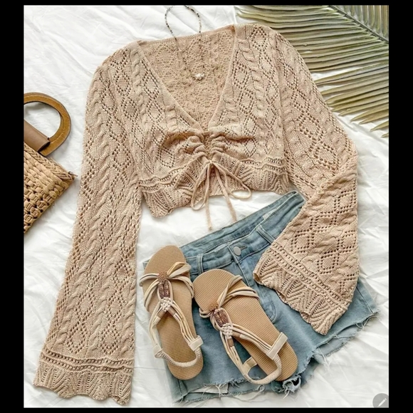 Chic Beige Lace Knit Blouse - Picture 1 of 2